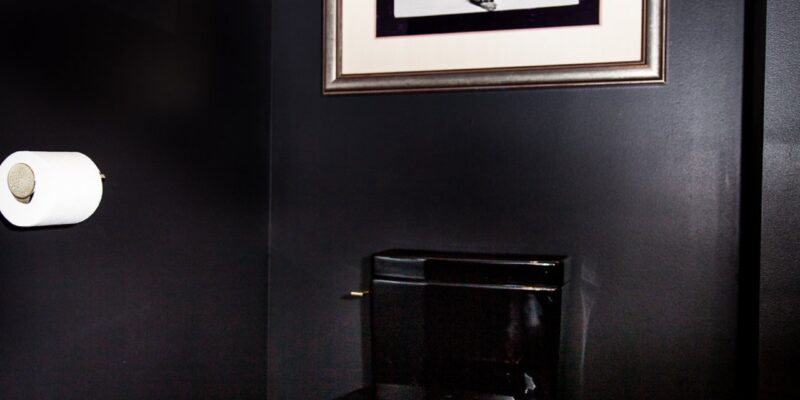 Luxurious moody bathroom with all black walls and ceilings, a black toilet, and geometric tile to match the vibe of this gorgeous bathroom space.